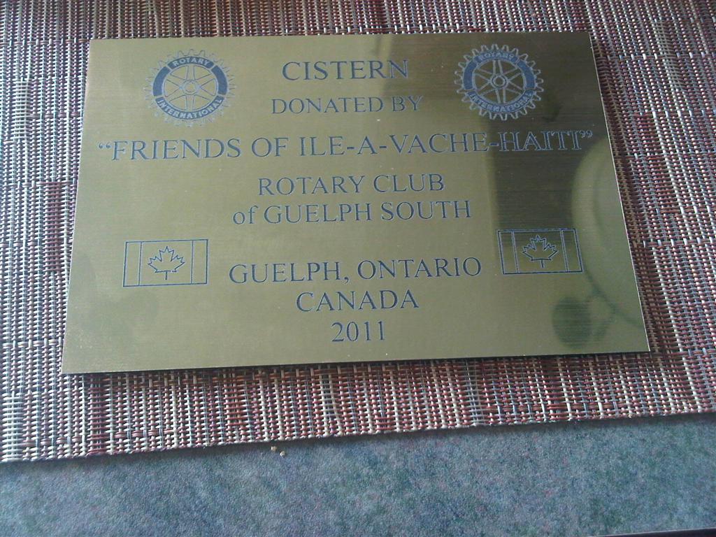 Plaque to be affixed to cistern funded by RC of Guelph South