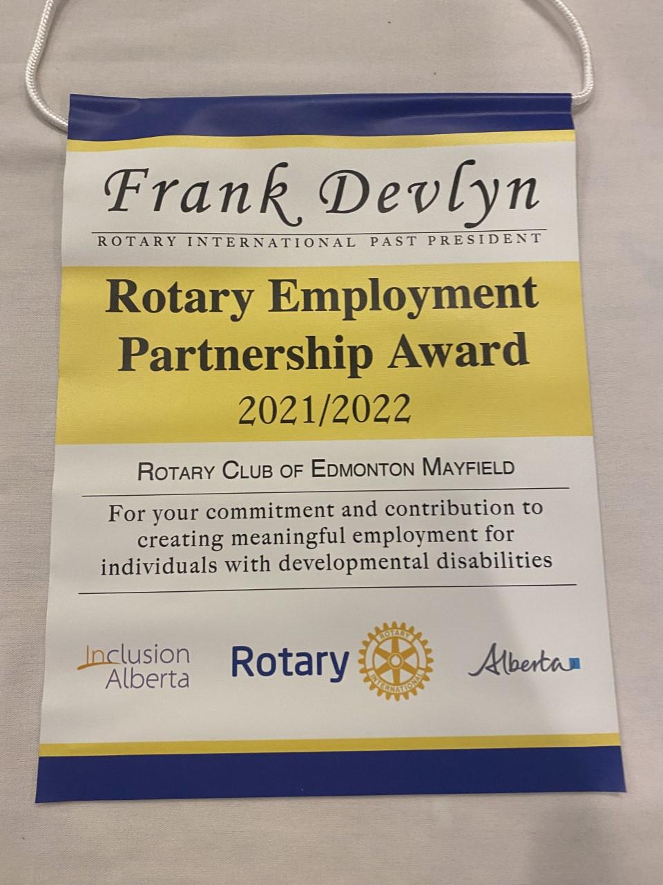 Rotary Employment Partnership Award Rotary Club of Edmonton Mayfield