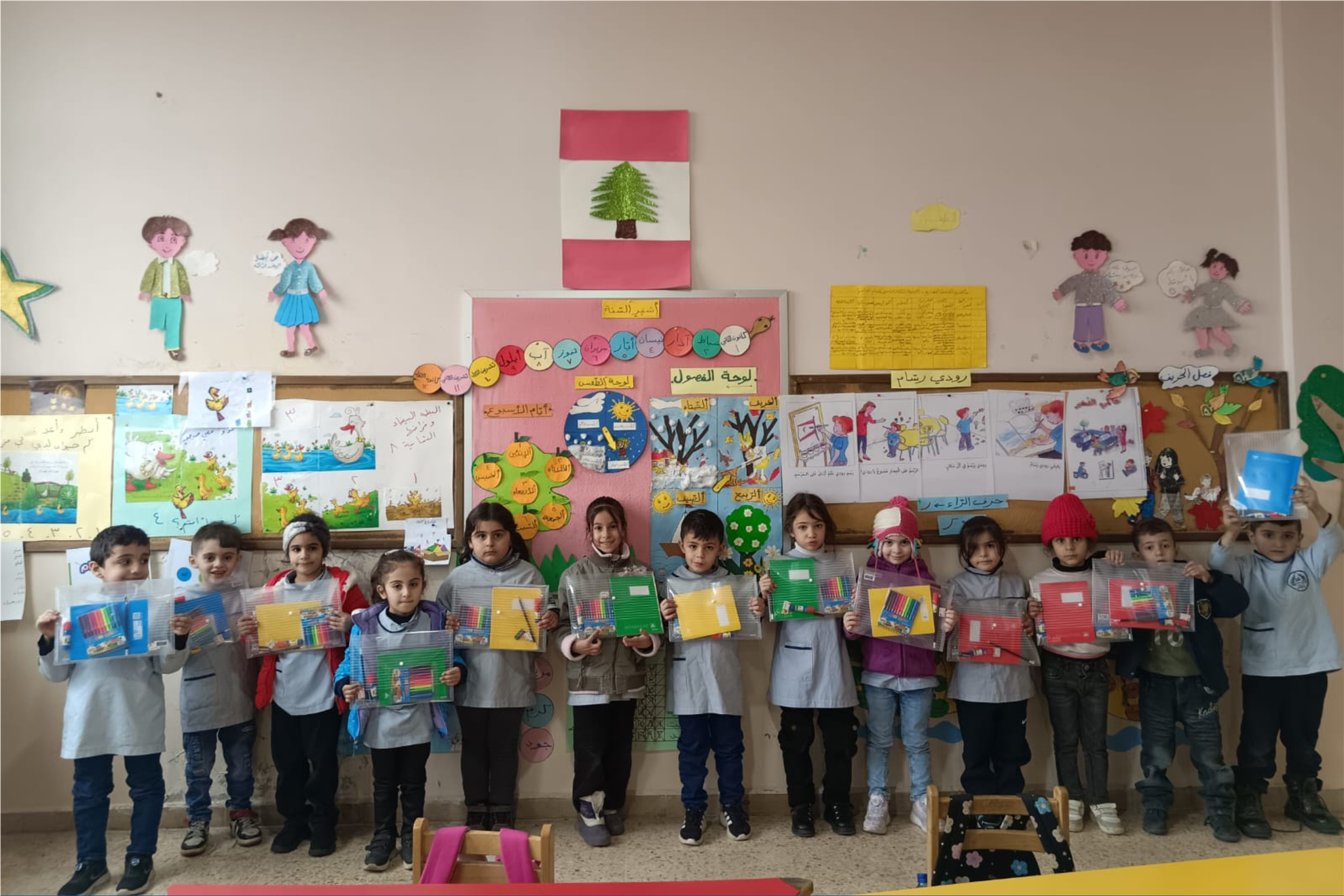 Students in class after receiving school materials