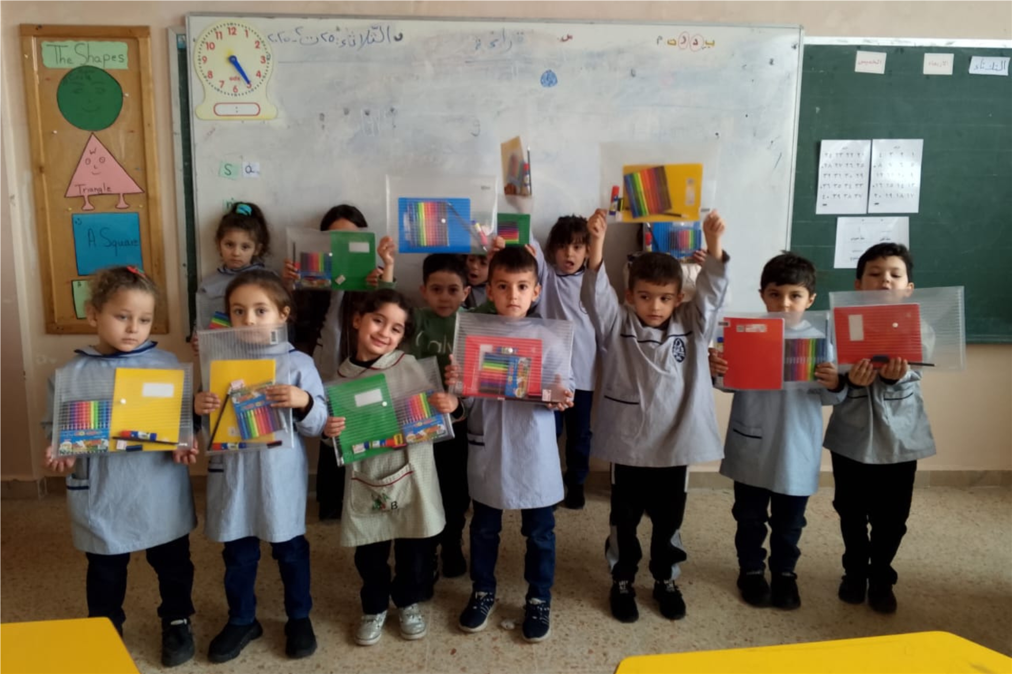 Children in Lebanon showing their new supplies