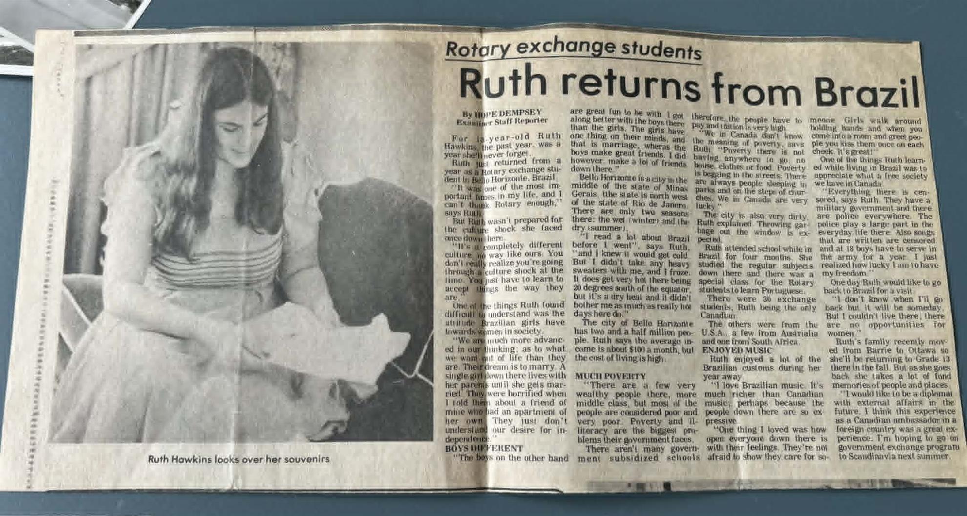 Newspaper clipping featuring Ruth as a Rotary exchange student