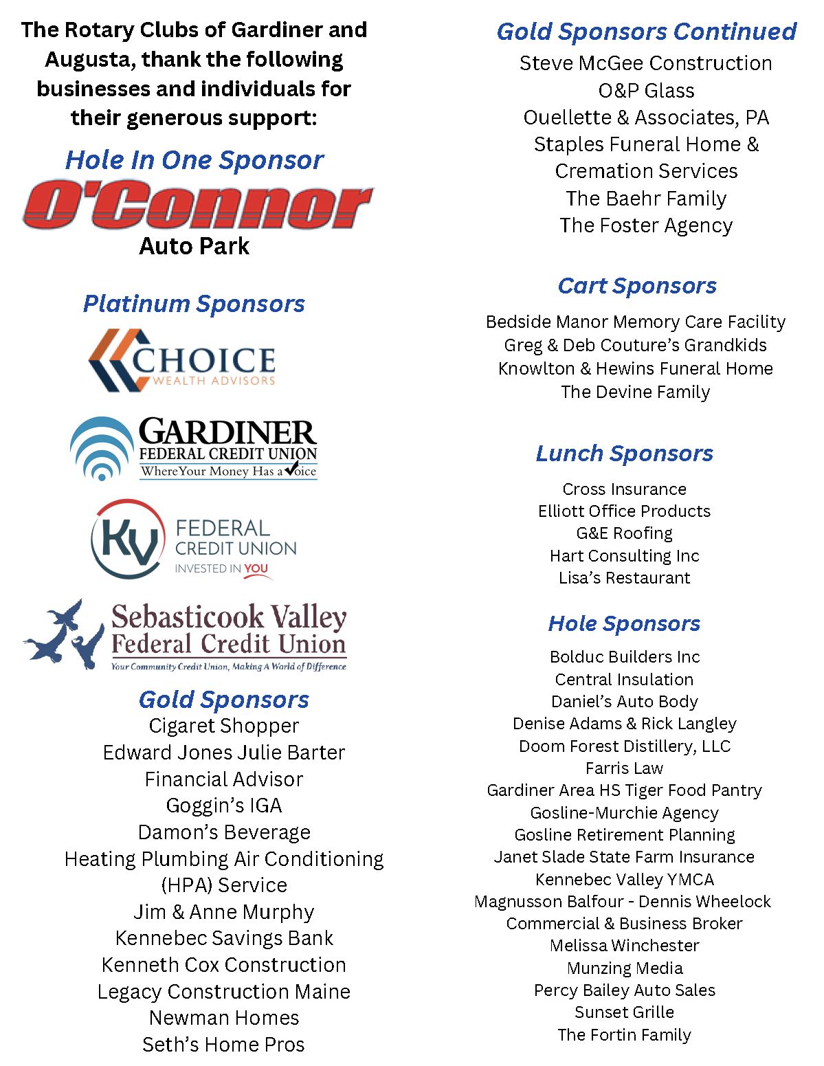 Thankk you to our 2026 Golf Tournament Sponsors!