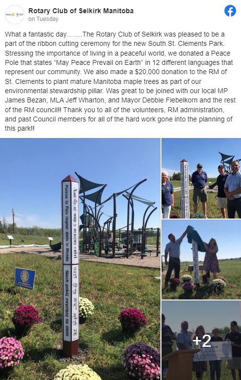 On September 6, 2022, Selkirk Rotary was part of the ribbon cutting ceremony for a new park.  We also unveiled a Peace Pole we donated that states 