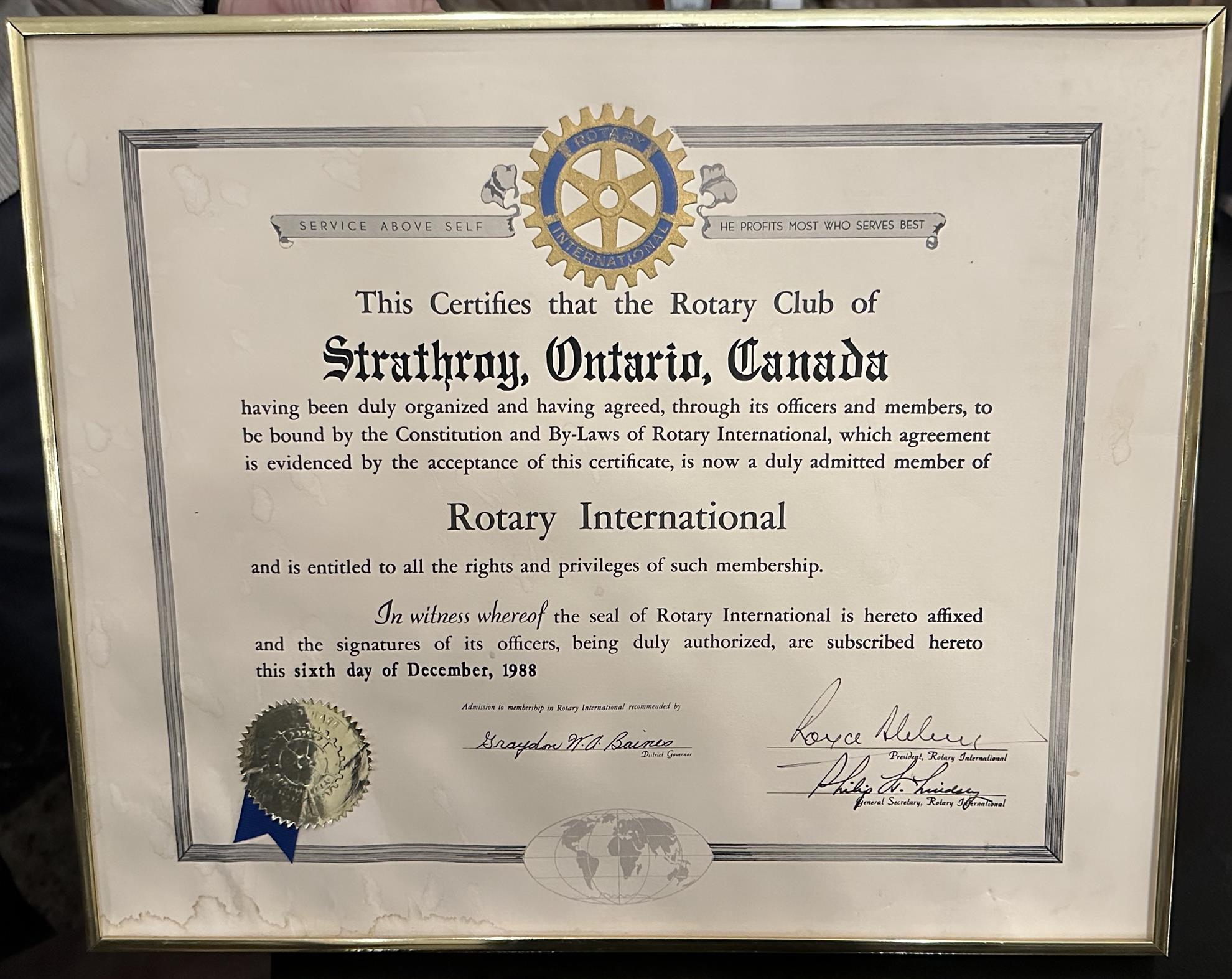Picture of the original charter of the Strathroy Rotary Club