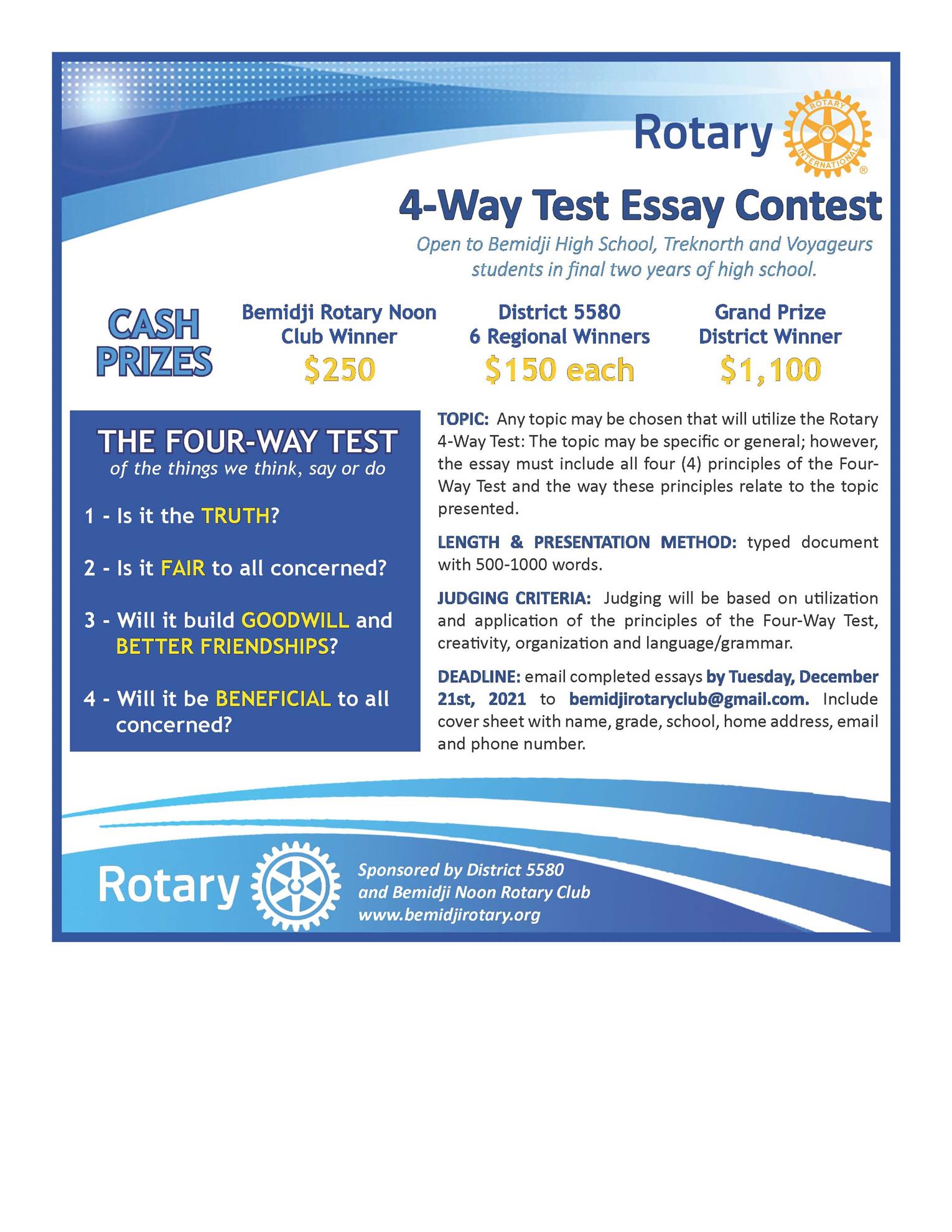 4 Way Test Essay Contest Rotary Club of Bemidji