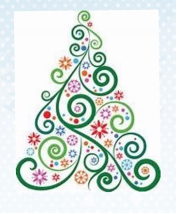 A christmas tree with swirls and flowersDescription automatically generated