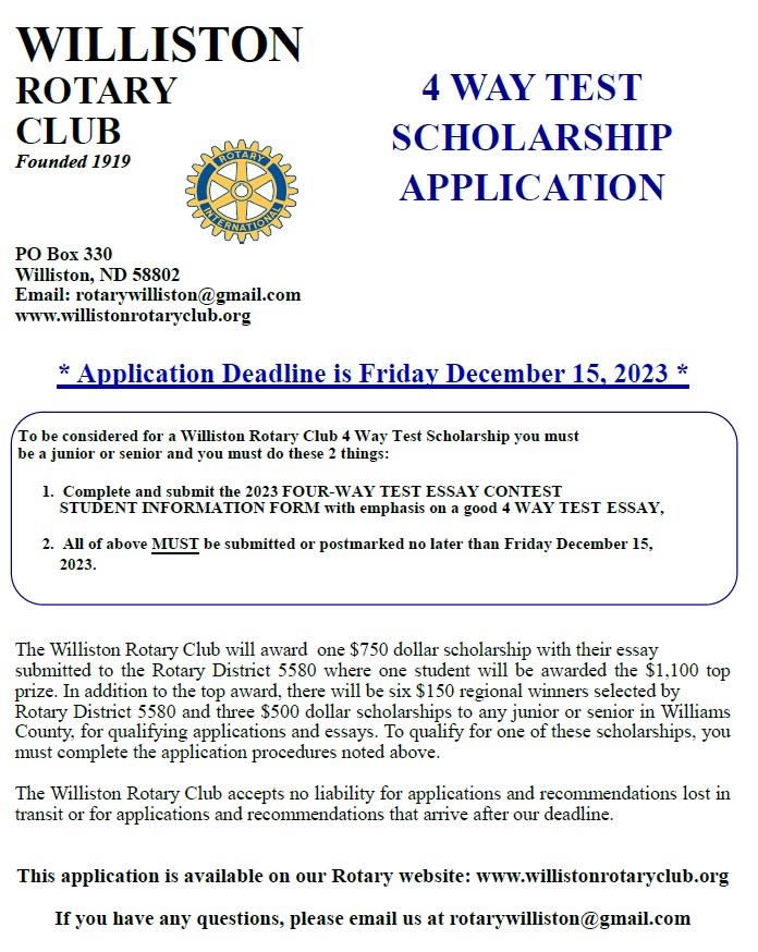 4 Way Test Essay Scholarship Rotary Club of Williston