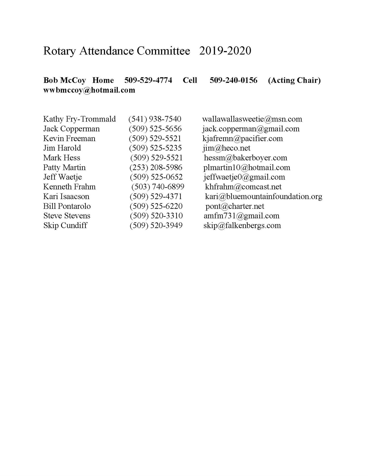 Rotary Attendance Committee Rotary Club of Walla Walla 271