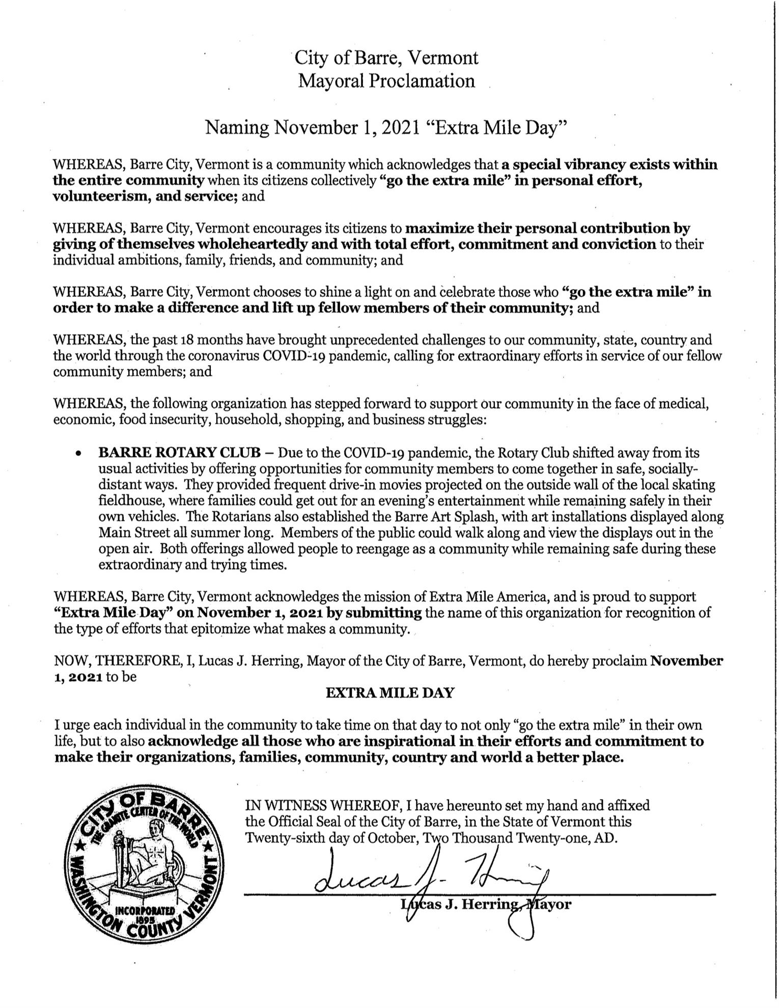 Barre City Mayoral Proclamation Extra Mile Day Rotary Club Of Barre VT