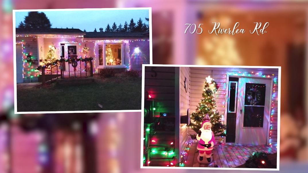 Two photos of 705 Riverlea Road decorated with holiday lights.