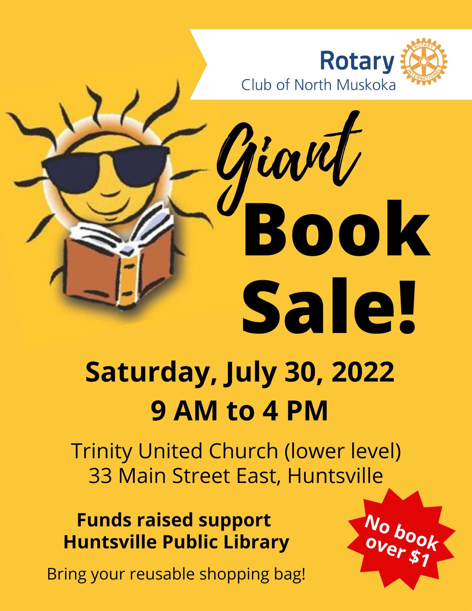 A poster for the Giant Rotary Book Sale happening Saturday, July 30, 2022.