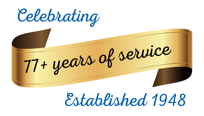 Gold ribbon with the words celebrating 77+ years of service, established 1948