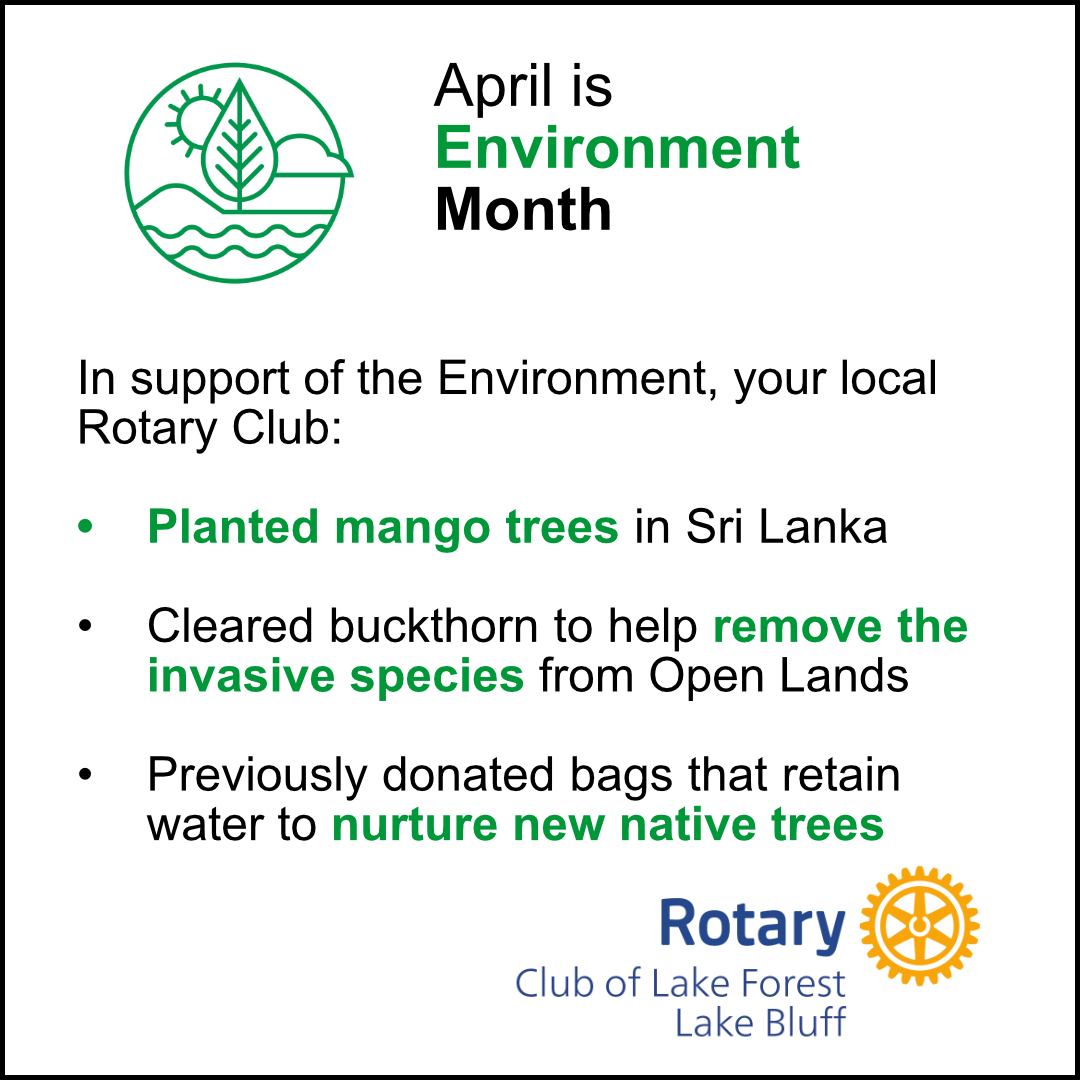 April is Environment month. In support of the Environment, your local Rotary Club: planted mango trees in Sri Lanka, cleared buckthorn to help remove the invasive species from Open Lands, previously donated bags that retain water to nurture new native trees.