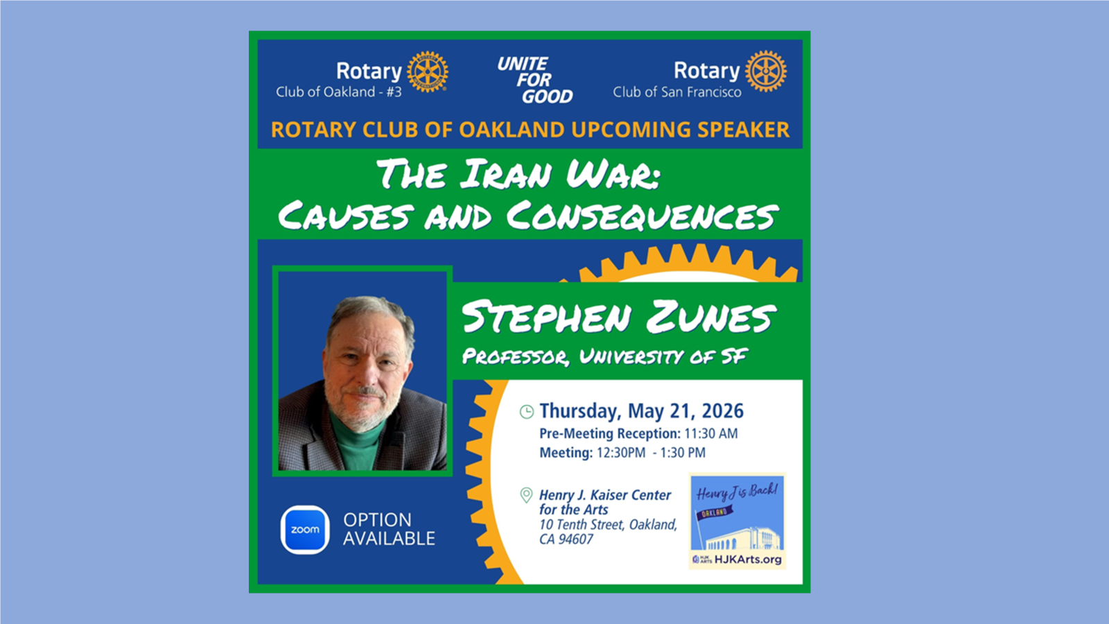 Joint meeting with the Rotary Club of Oakland on May 21, 2026