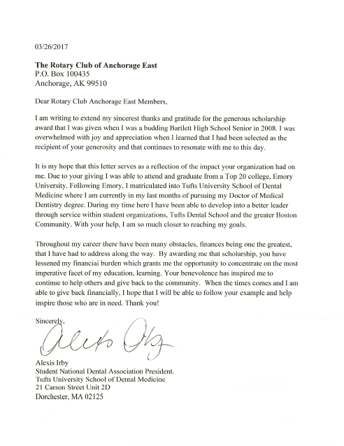 Thank you letter from AER scholarship recipient | Rotary Club of 