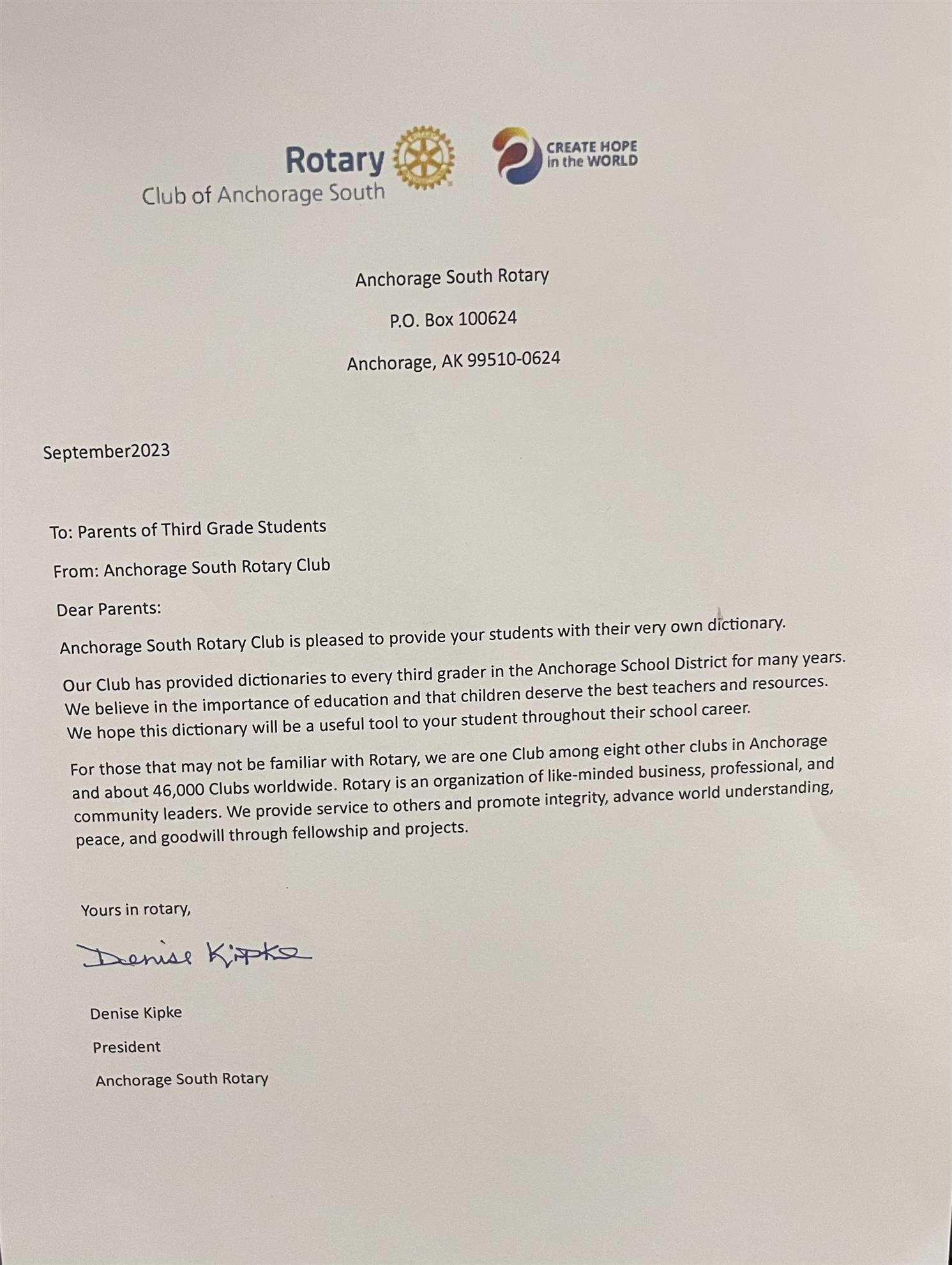 ASR President Denise Kipke's letter to Anchorage third graders 