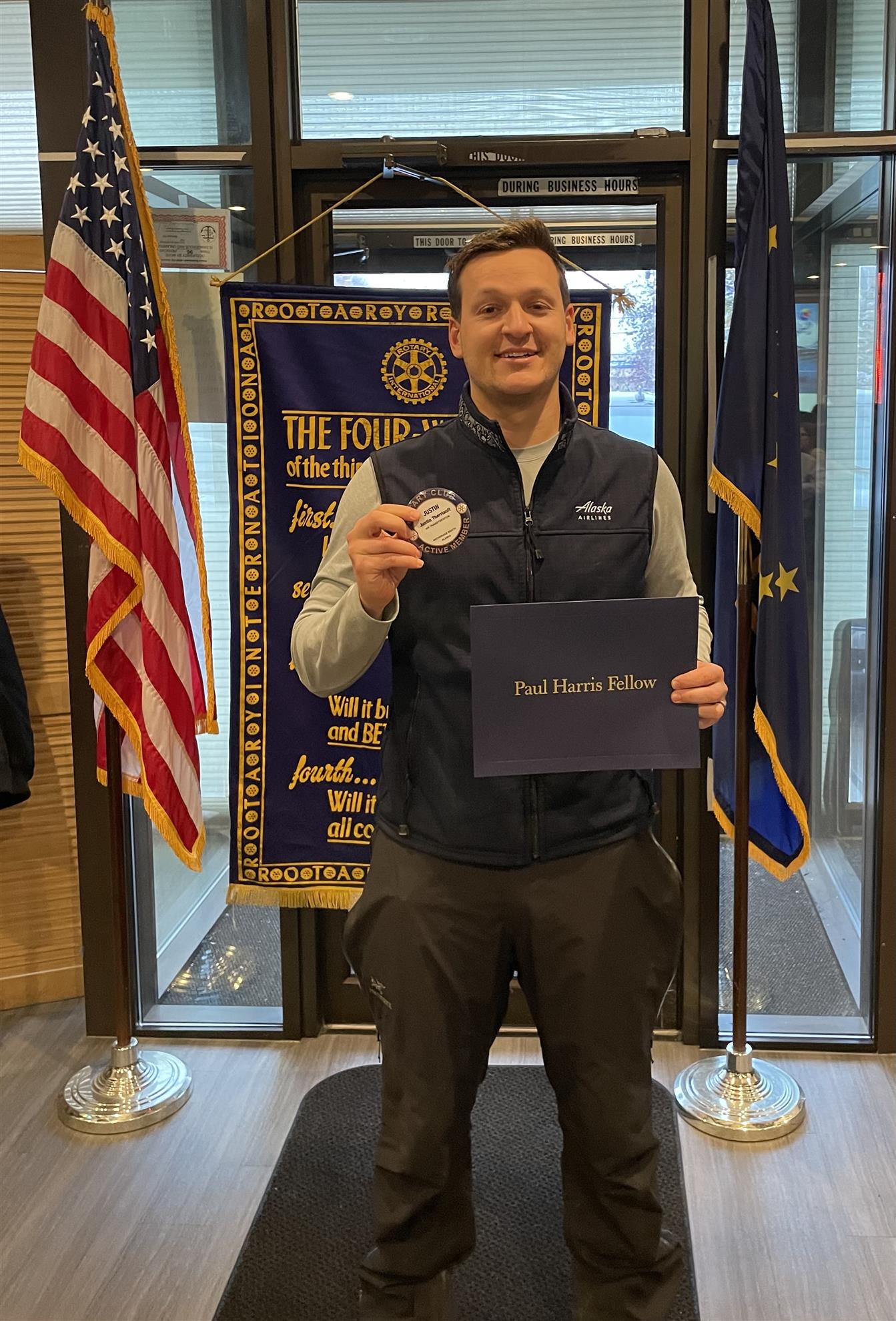 ASR (Blue Badge!) member Justin Therriault receives his Paul Harris award (and his blue badge)!