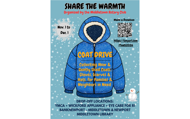 Middletown Rotary's Winter Coat Drive | November 1 – December 1, 2026 Donate new or gently used winter coats, hats, gloves, mittens, and scarves. Together, we can make winter a little warmer for our neighbors! ❤️