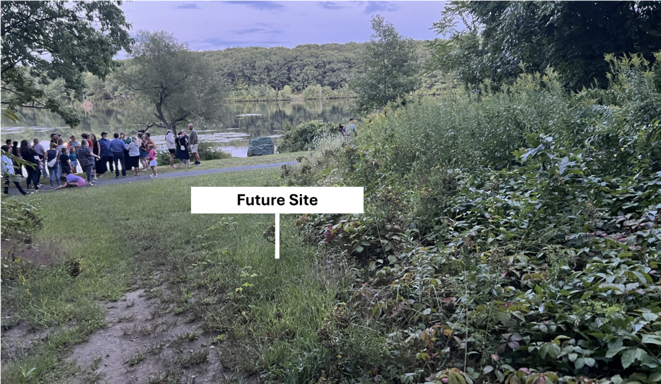 Full proposed Kevin Doherty Peace Garden design board showing perspective view, site plan, planting palette, and garden details