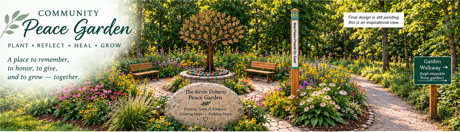 Proposed Kevin Doherty Peace Garden with flowers, benches, tree sculpture, and peace pole