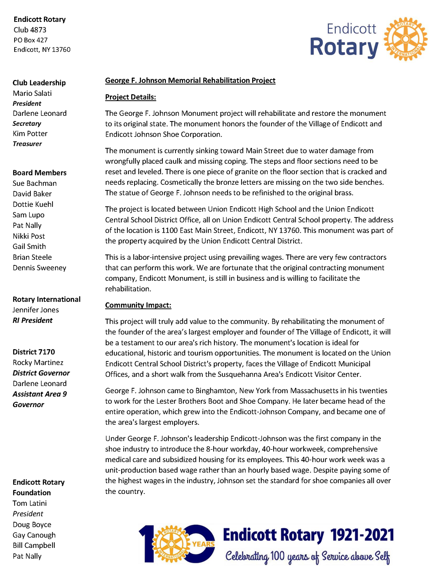 F. Johnson Memorial Rehabilitation Project Rotary Club of Endicott