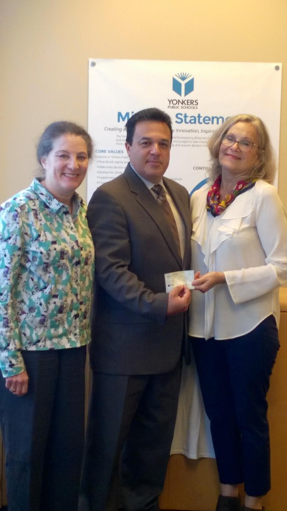 Sup.t Edwin Quezada, Yonkers Public Schools with [l] Judith Schwartzstein, Bronxville Rotary Committee Chair and Alix Schnee, Pres Yonkers/East Yonkers Rotary
