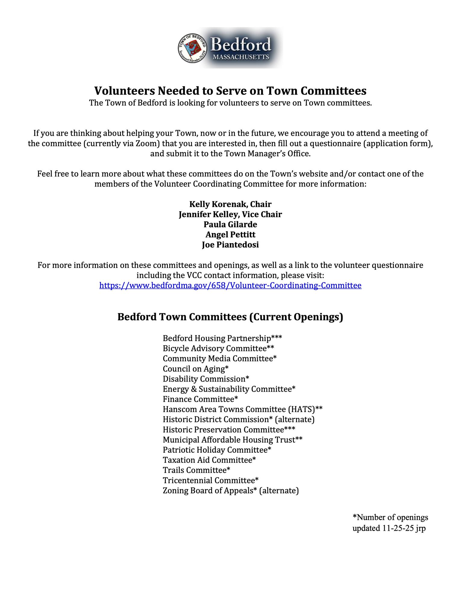 Volunteers Needed to Serve on Town Committees