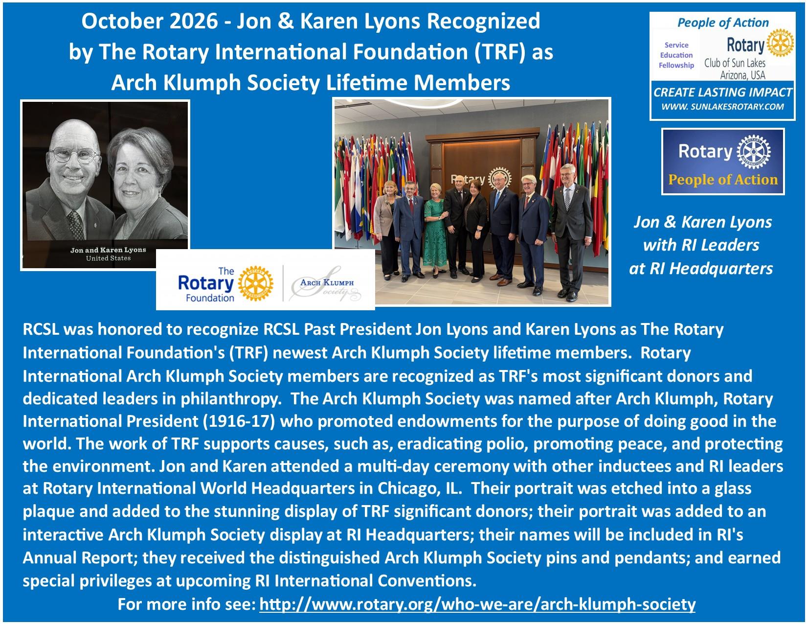 Photo of Jon and Karen Lyons being recognized as lifetime members