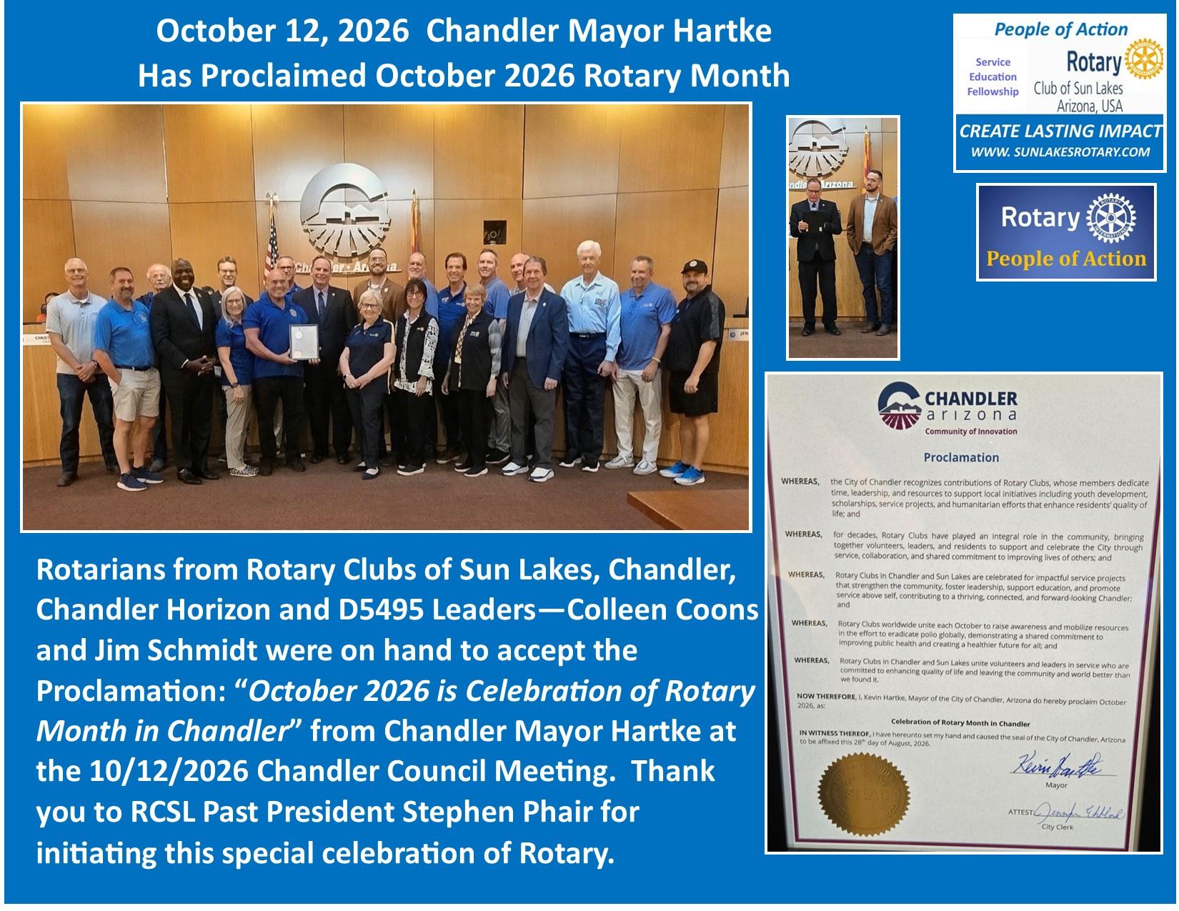 Rotary members and Chandler government officials standing in board room marking October Rotary Month