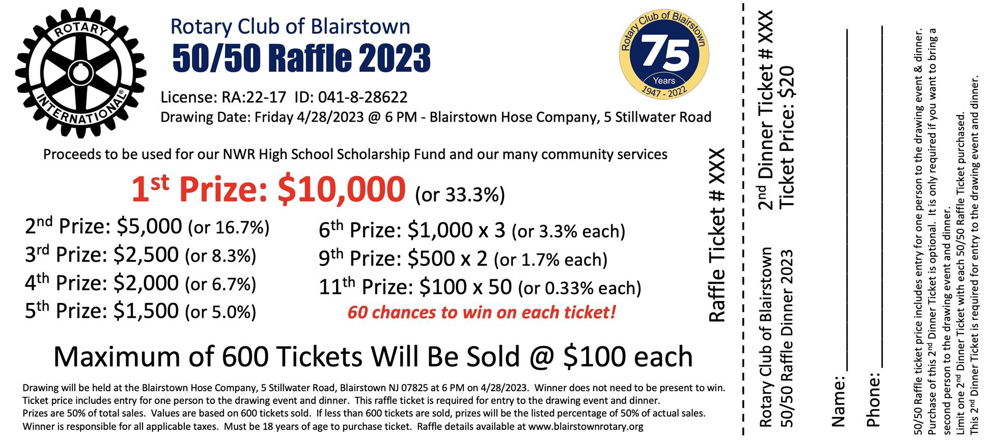 50 50 Raffle 2023 Blairstown Rotary Club