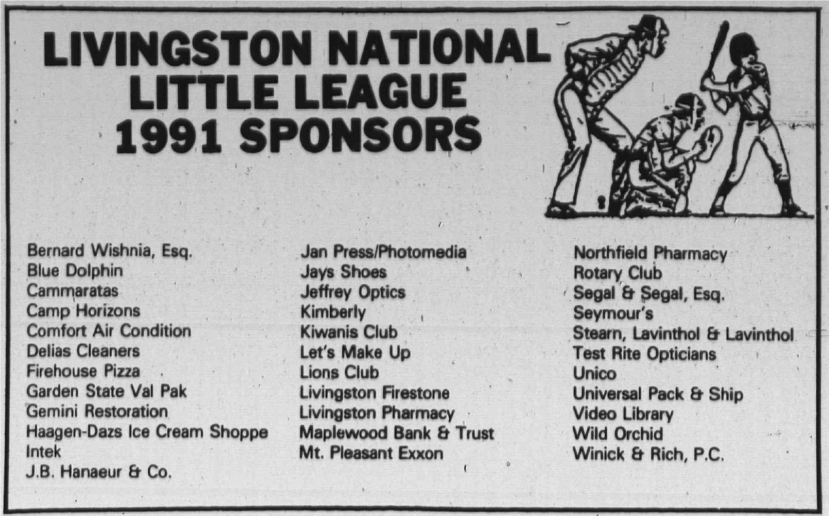 Tribune notice: Livingston National Little League 1991 sponsors, including Rotary Club