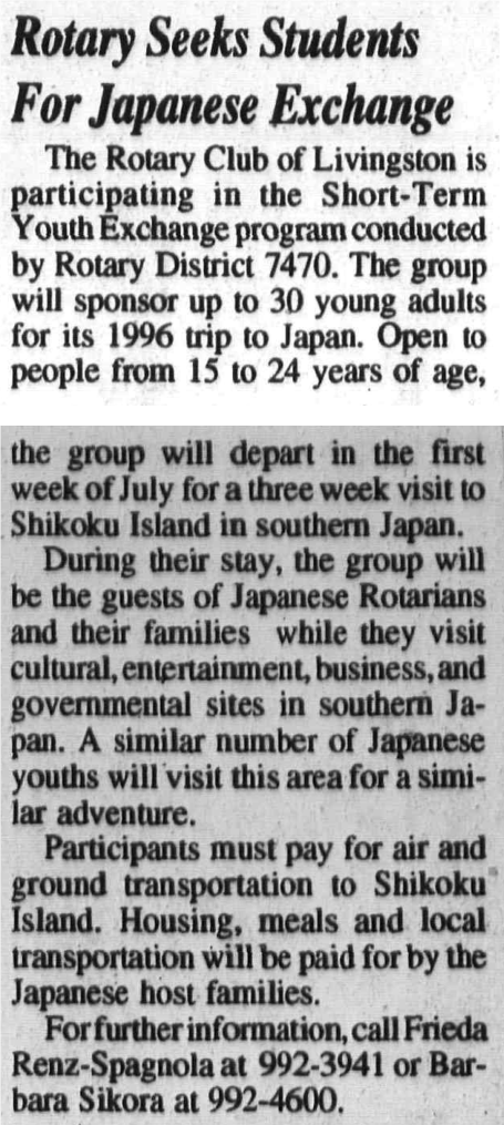 Tribune clipping: Rotary Seeks Students For Japanese Exchange