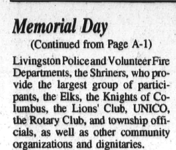 Tribune clipping: Memorial Day parade participants include the Rotary Club