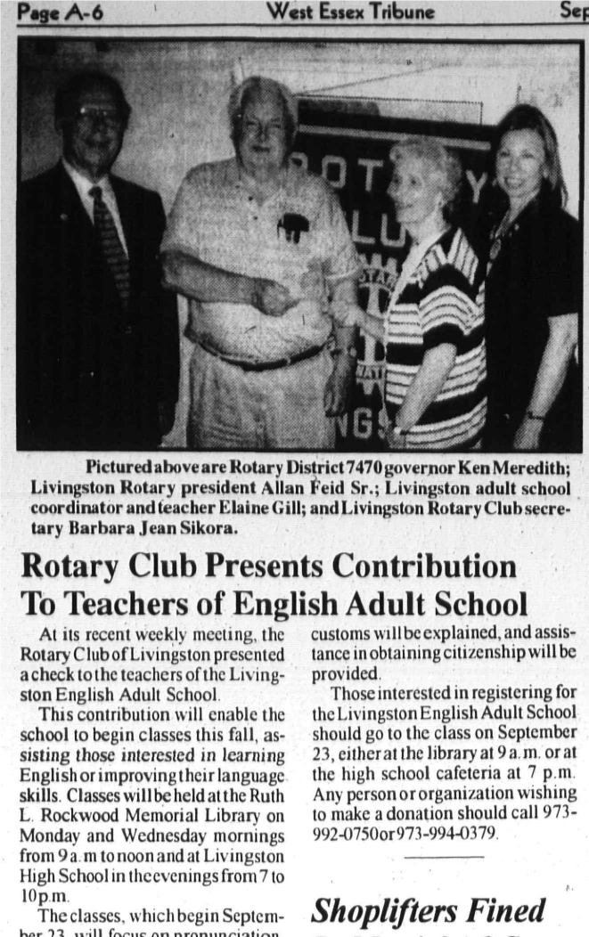 Rotary presents a contribution to the teachers of the English Adult School, 2002