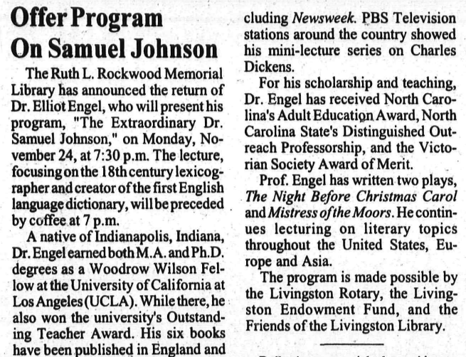 Dr. Elliot Engel returns to the Livingston library with The Extraordinary Dr. Samuel Johnson, co-sponsored by the Livingston Rotary, 2003