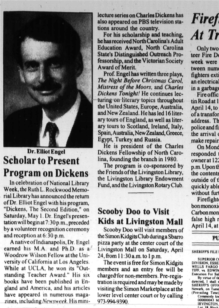 Dr. Elliot Engel presents Dickens, The Second Edition at the Livingston library, co-sponsored by the Livingston Rotary Club, 2004