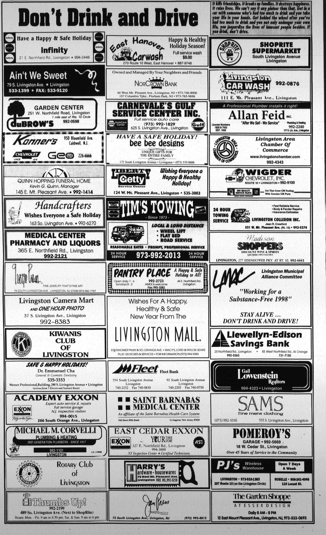 Tribune ad page: Do not Drink and Drive, co-sponsored by the Rotary Club of Livingston