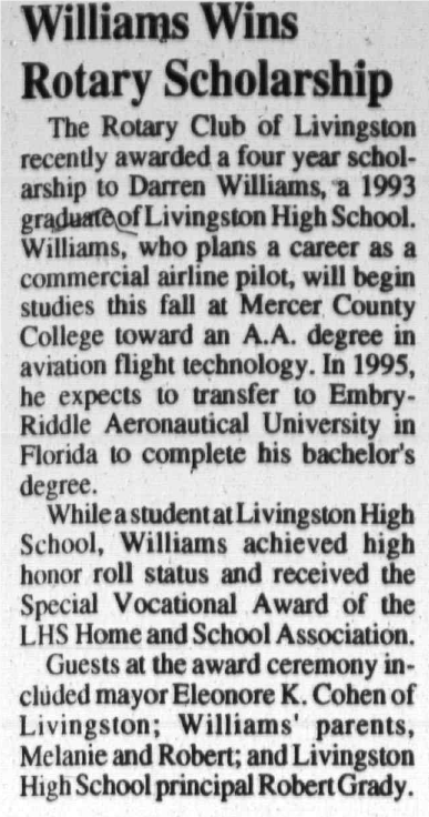 Tribune clipping: Williams Wins Rotary Scholarship