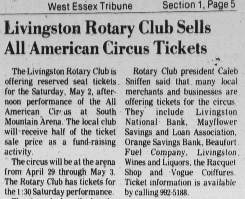 Newspaper clipping: Circus tickets aid club projects, West Essex Tribune