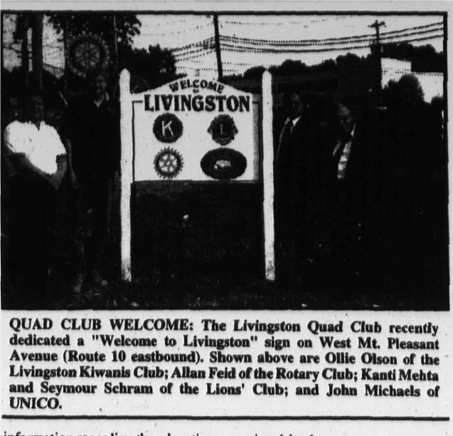 Tribune photo of the Quad Club Welcome to Livingston sign dedication, October 28, 1999