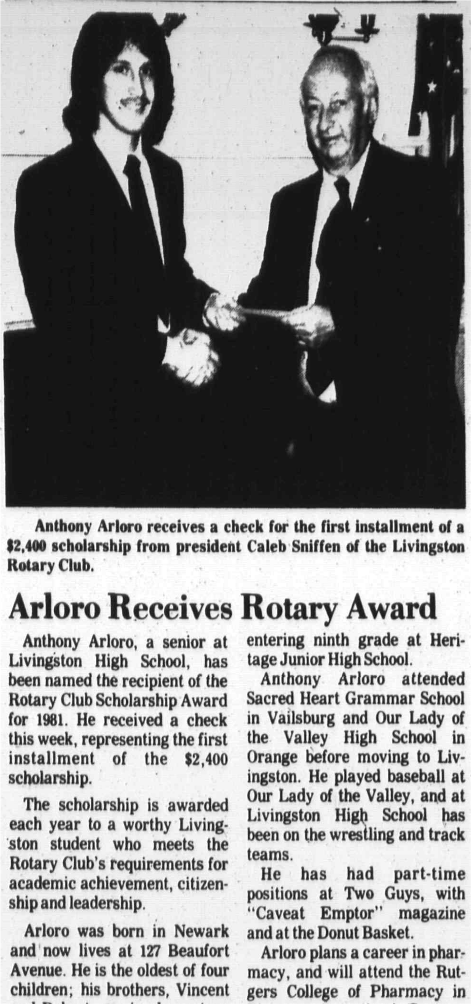 Newspaper clipping: $2,400 scholarship launched, West Essex Tribune