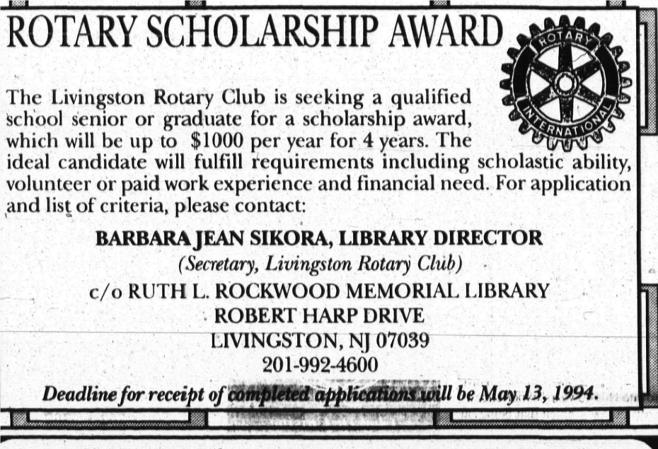 Tribune ad: Rotary Scholarship Award, up to $1,000 per year for four years