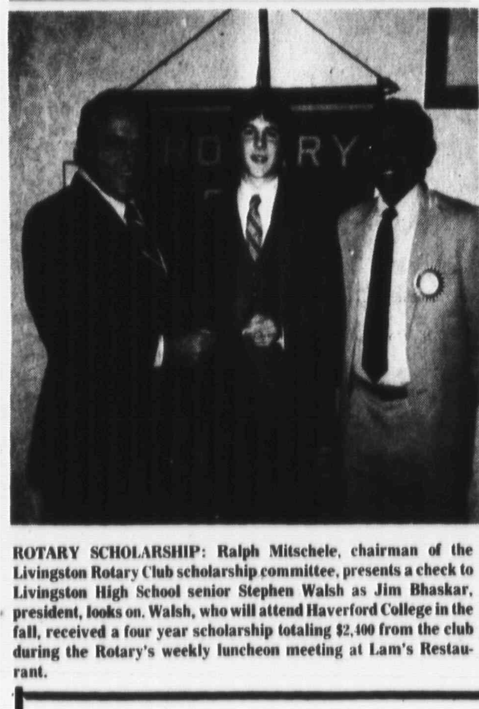 Newspaper clipping: Four-year scholarship for Walsh, West Essex Tribune