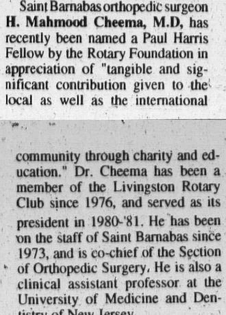 Tribune clipping: Dr. H. Mahmood Cheema named a Paul Harris Fellow