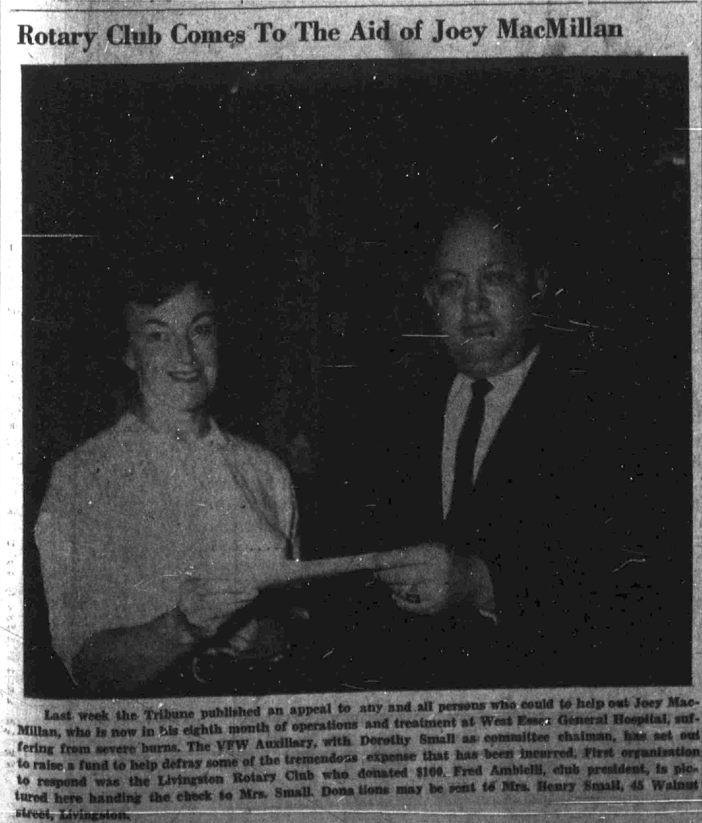 Newspaper photo and caption: Rotary Club Comes To The Aid of Joey MacMillan, November 29, 1962