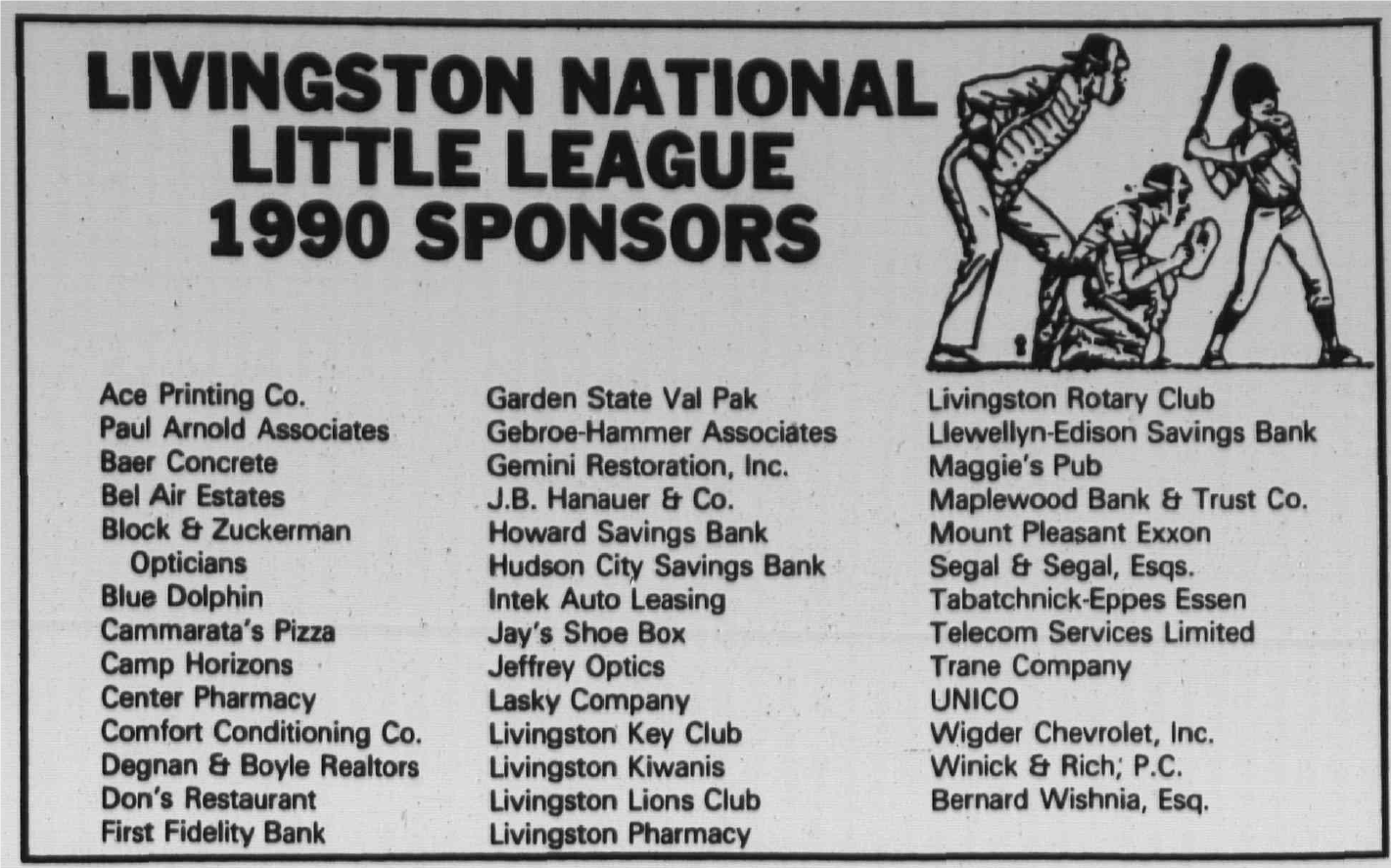 Tribune notice: Livingston National Little League 1990 sponsors, including Rotary Club