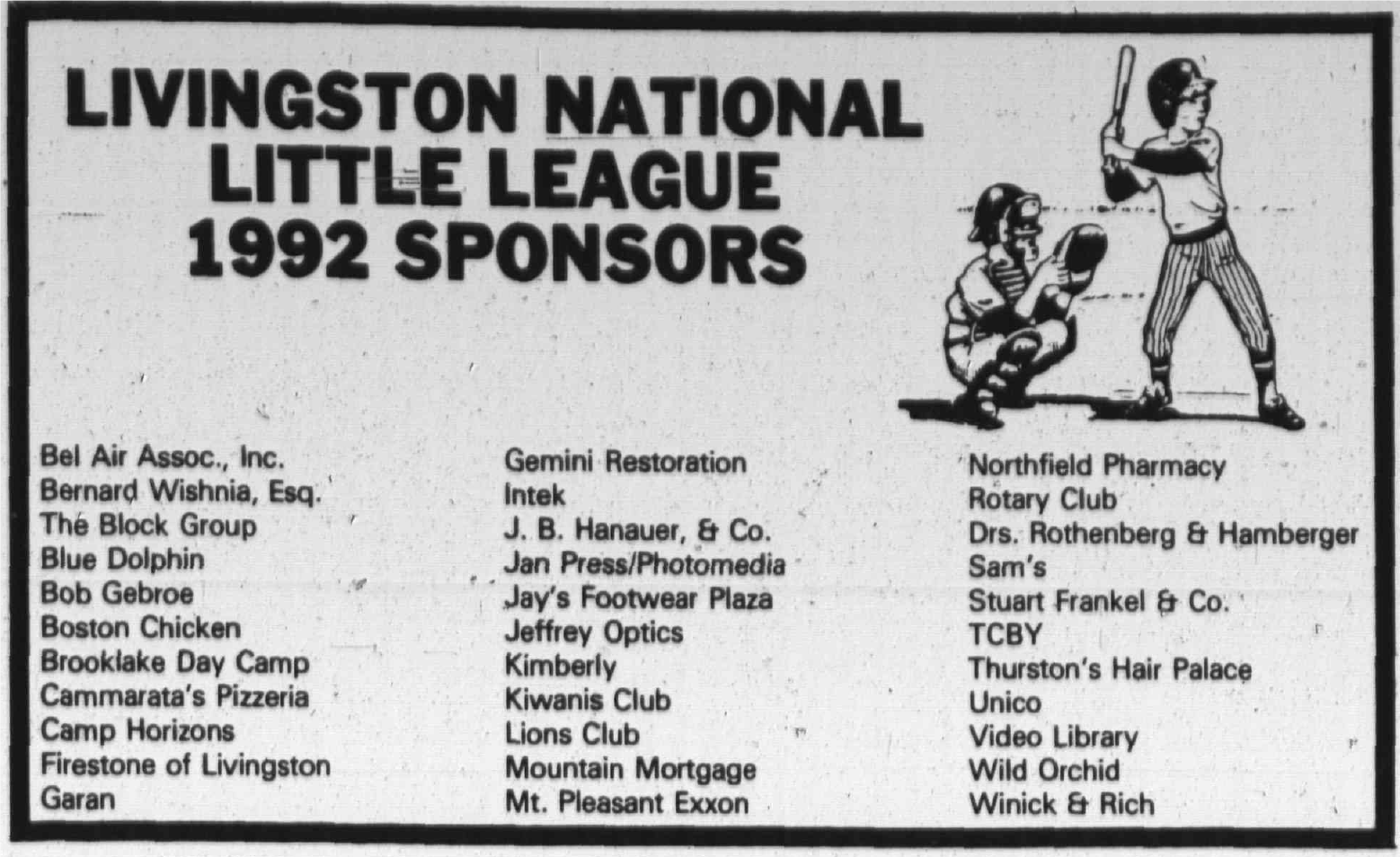 Tribune notice: Livingston National Little League 1992 sponsors, including Rotary Club