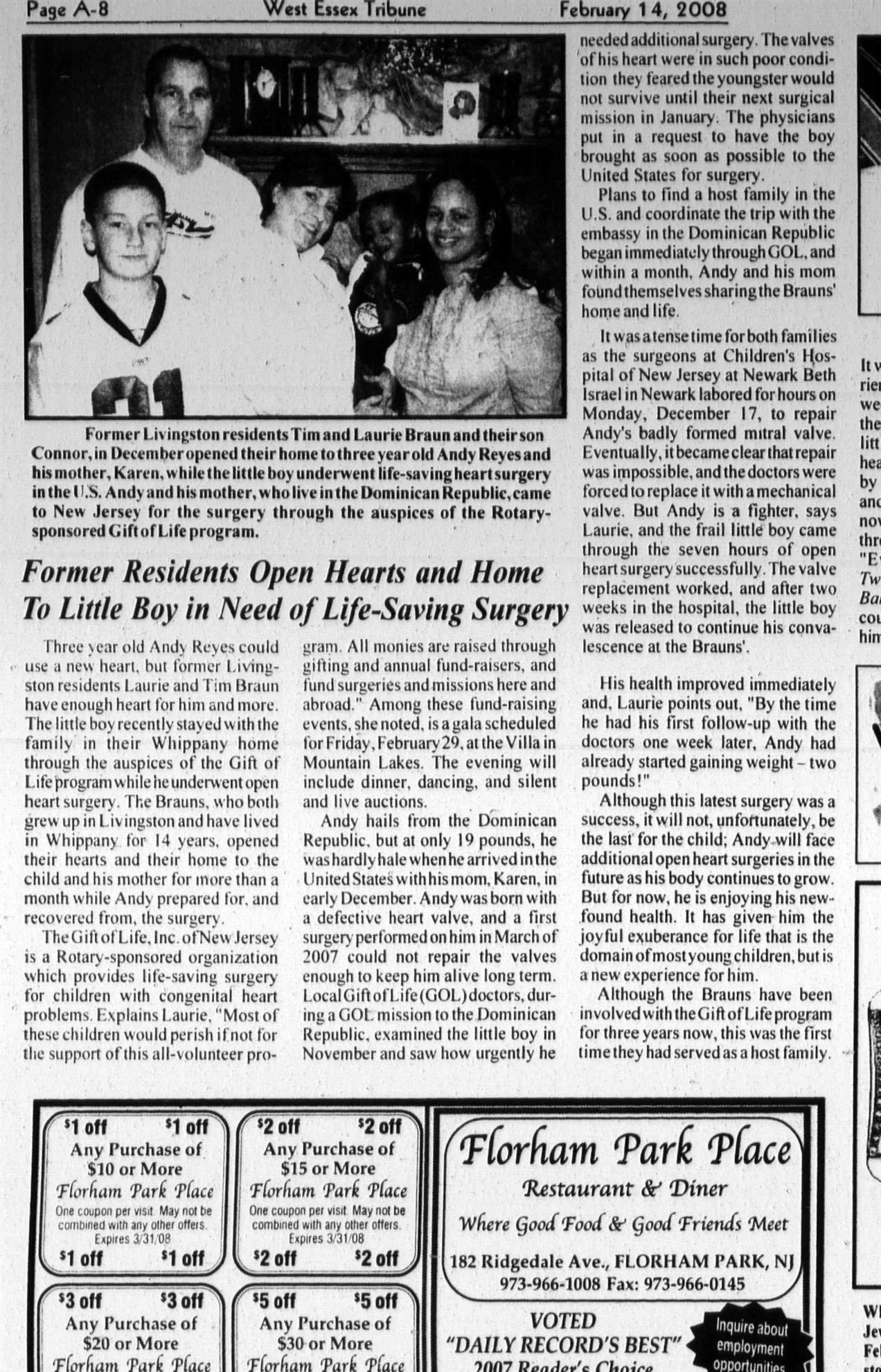 Newspaper clipping: Former Residents Open Hearts and Home to Boy in Need of Surgery, West Essex Tribune, February 14, 2008