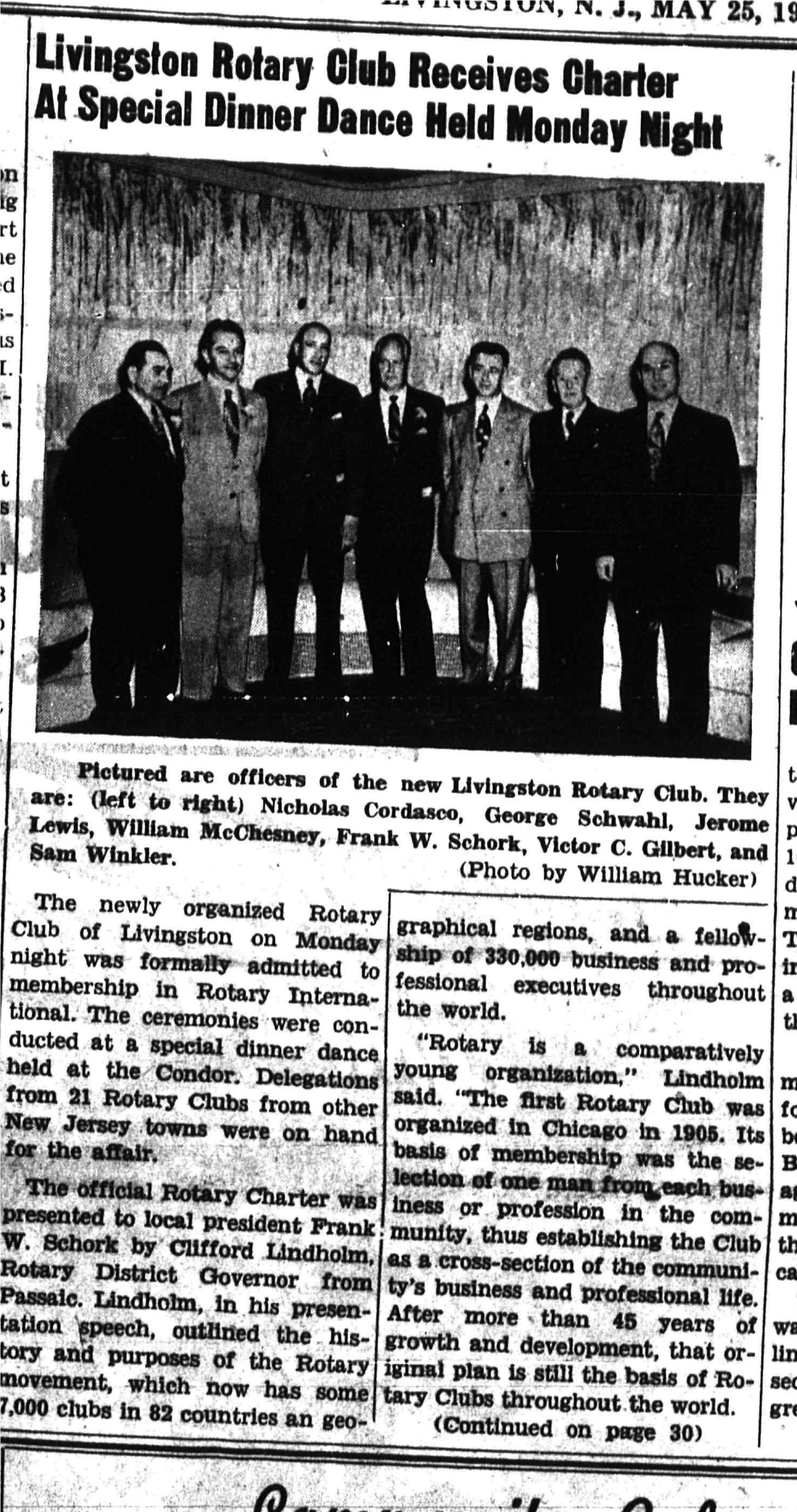 Newspaper clipping: Livingston Rotary Club Receives Charter, West Essex Tribune, May 25, 1950