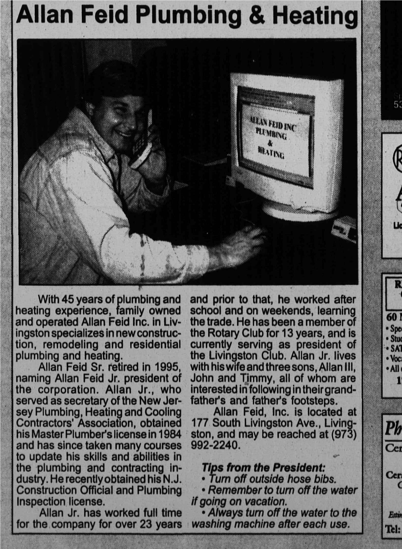 Newspaper clipping: Allan Feid Plumbing and Heating, April 2000